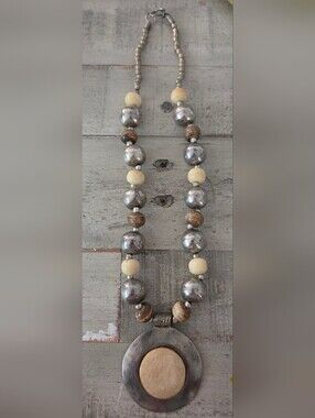 Vintage Boho Tribal Solid Back Silver Tone Jasper Bone Beads Statement Necklace